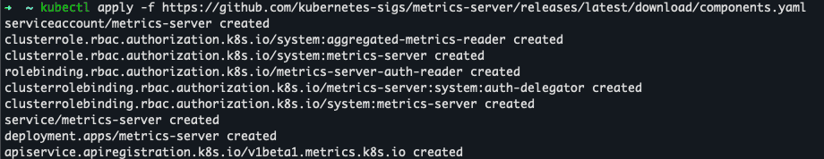 Metrics server install terminal output