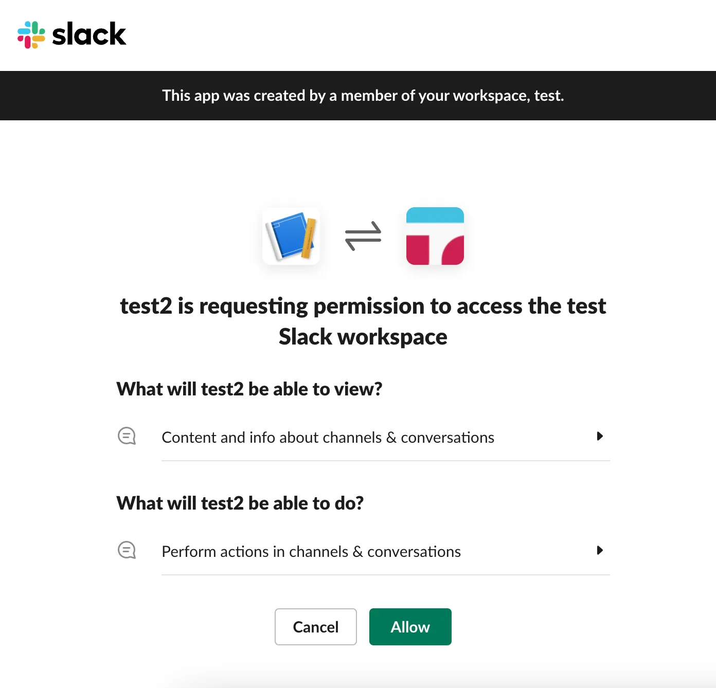 Slack workspace permission page